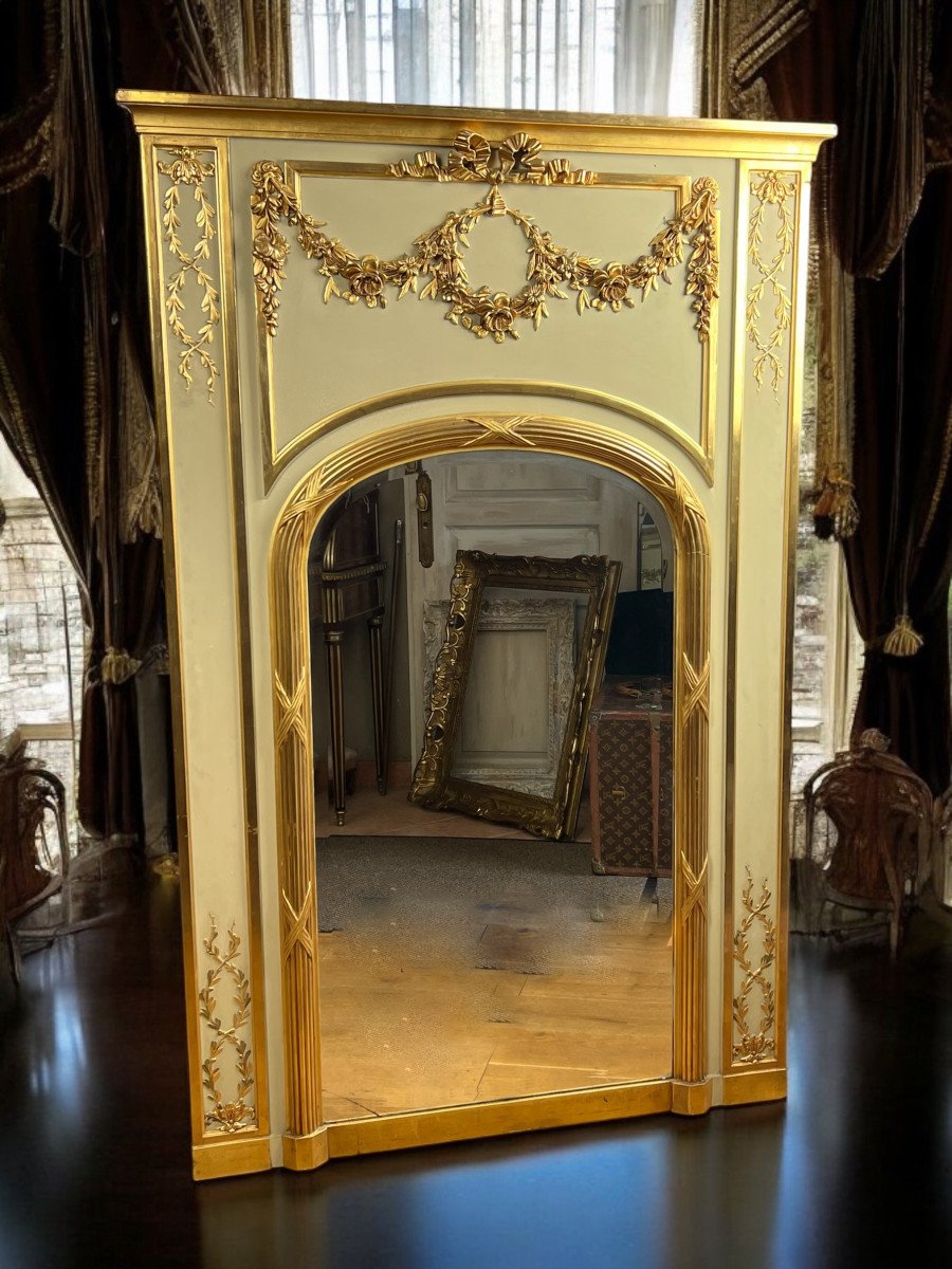 Trumeau Ancien / Miroir De Style Louis XVI En Bois Et Stuc Doré ( Feuille d'Or )-photo-2