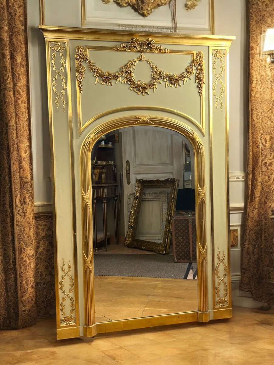 Trumeau Ancien / Miroir De Style Louis XVI En Bois Et Stuc Doré ( Feuille d'Or )-photo-3