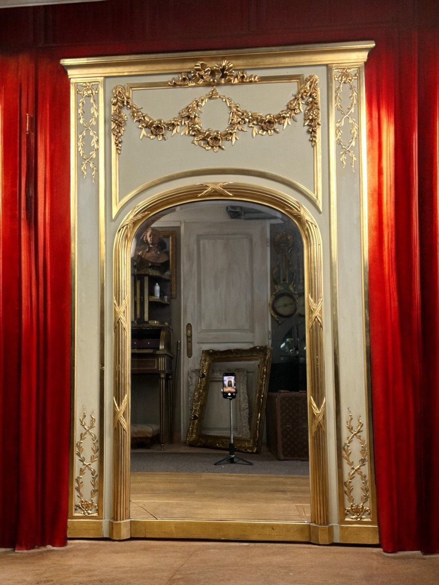 Trumeau Ancien / Miroir De Style Louis XVI En Bois Et Stuc Doré ( Feuille d'Or )