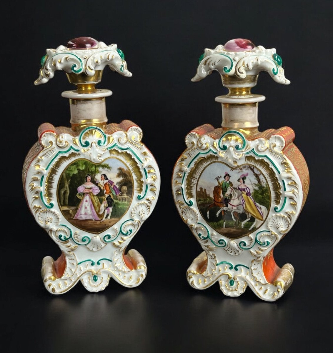 Jacob Petit (1796-1868) Pair Of Polychrome Porcelain Bottles Of Courtly Scenes  -photo-2