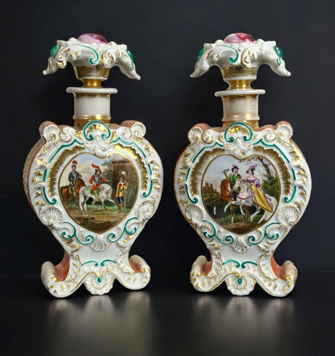 Jacob Petit (1796-1868) Pair Of Polychrome Porcelain Bottles Of Courtly Scenes  