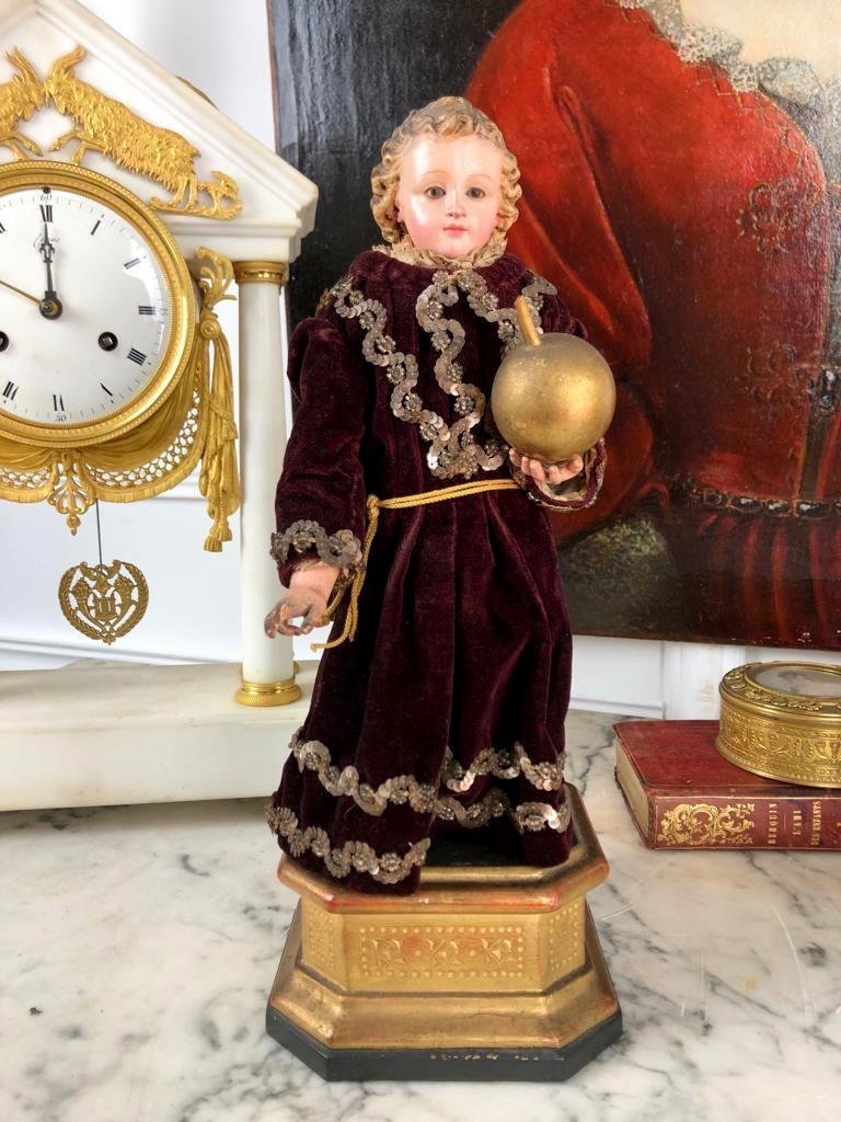 Enfant Jésus Du XIX Eme En Bois Sculpté Polychrome Sur Socle Doré A Doucine-photo-3