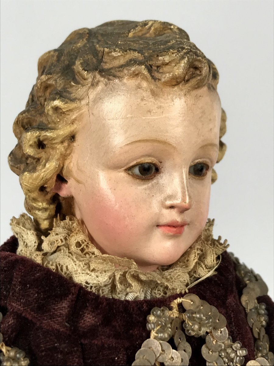 Enfant Jésus Du XIX Eme En Bois Sculpté Polychrome Sur Socle Doré A Doucine-photo-1