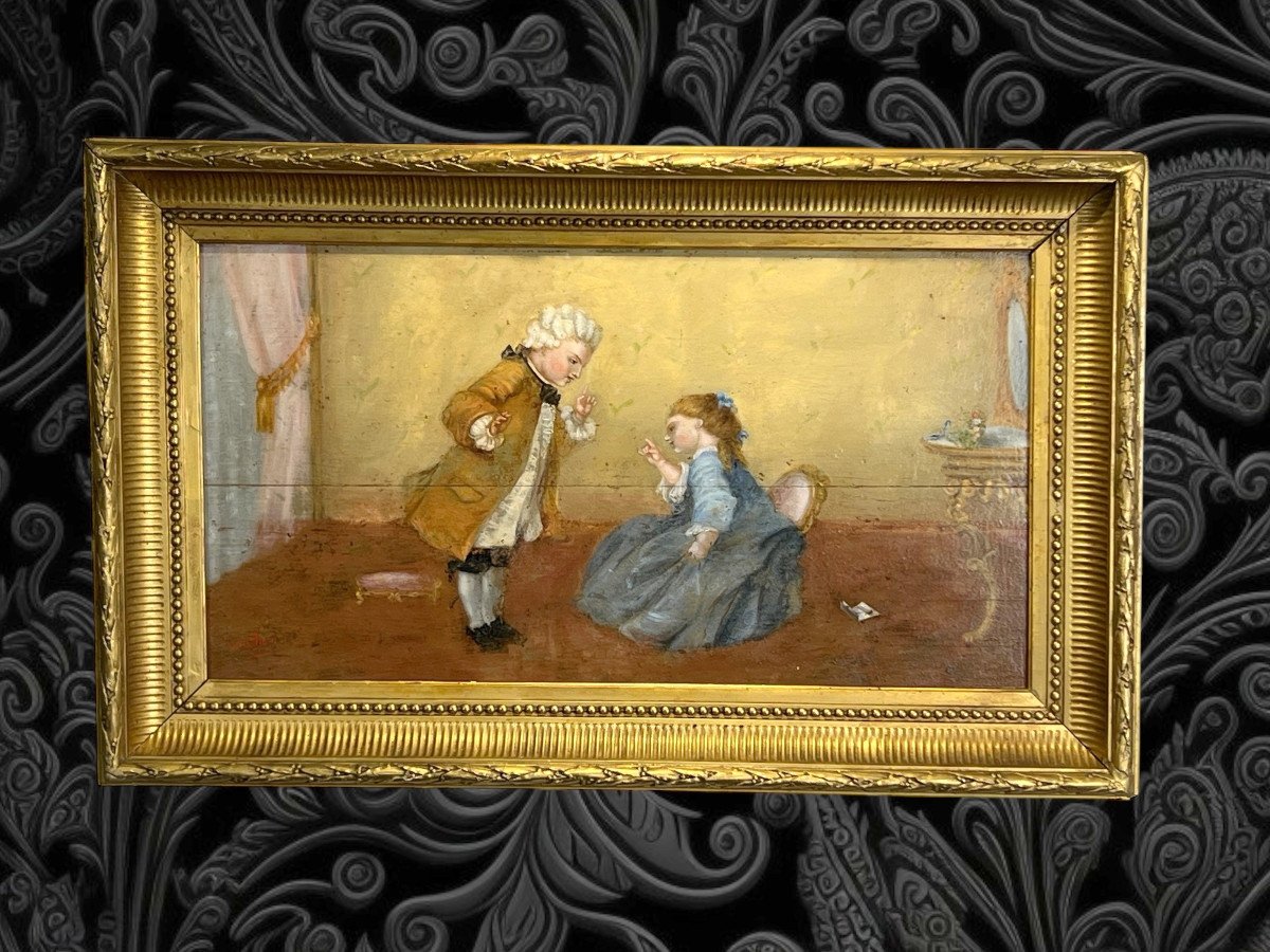 Tableau / Huile Sur Panneau Bois Du XIXe Représentant Une Scène Romantique-photo-2