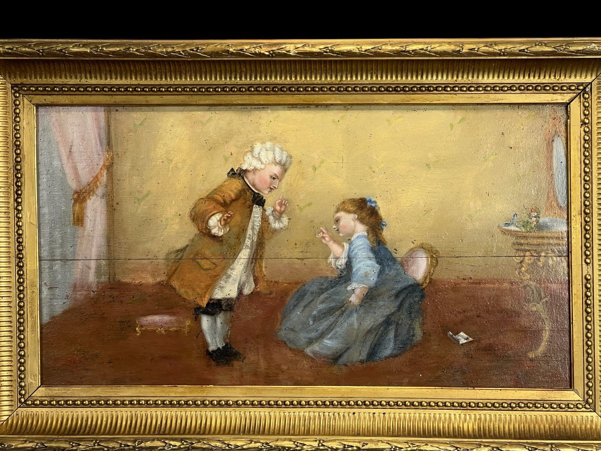 Tableau / Huile Sur Panneau Bois Du XIXe Représentant Une Scène Romantique-photo-3