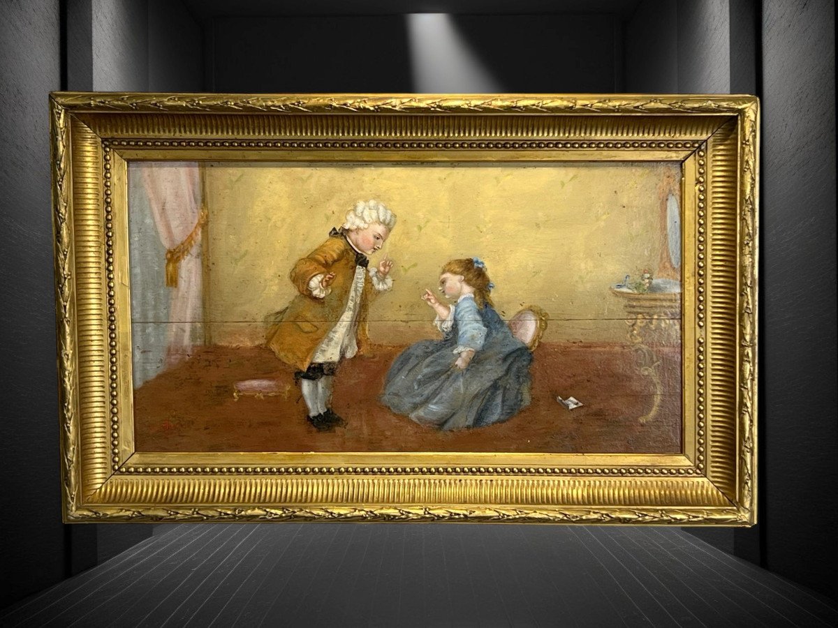 Tableau / Huile Sur Panneau Bois Du XIXe Représentant Une Scène Romantique-photo-1