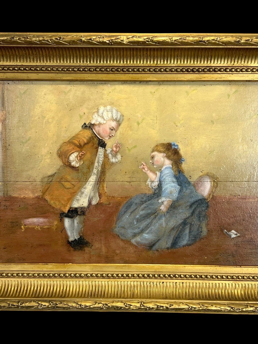 Tableau / Huile Sur Panneau Bois Du XIXe Représentant Une Scène Romantique-photo-4