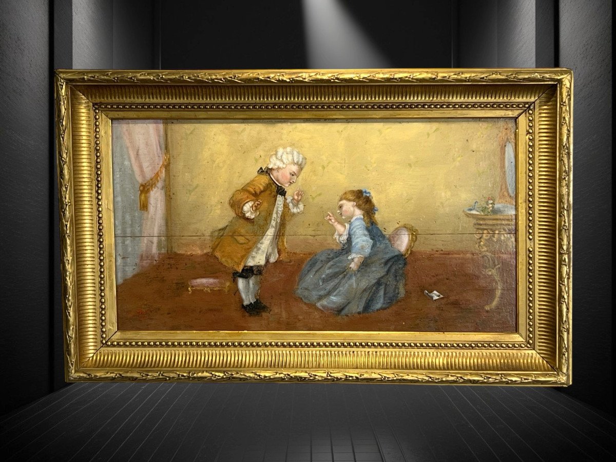 Tableau / Huile Sur Panneau Bois Du XIXe Représentant Une Scène Romantique