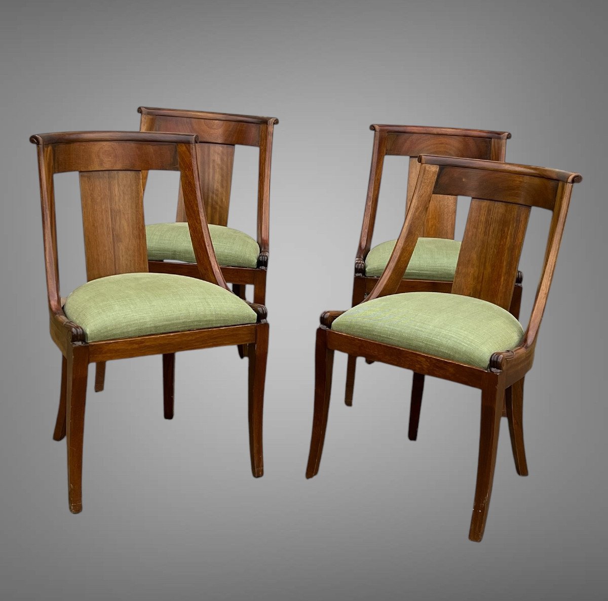 Set Of 4 Gondola Chairs In Solid Mahogany With Removable New Fabric Seat Pads