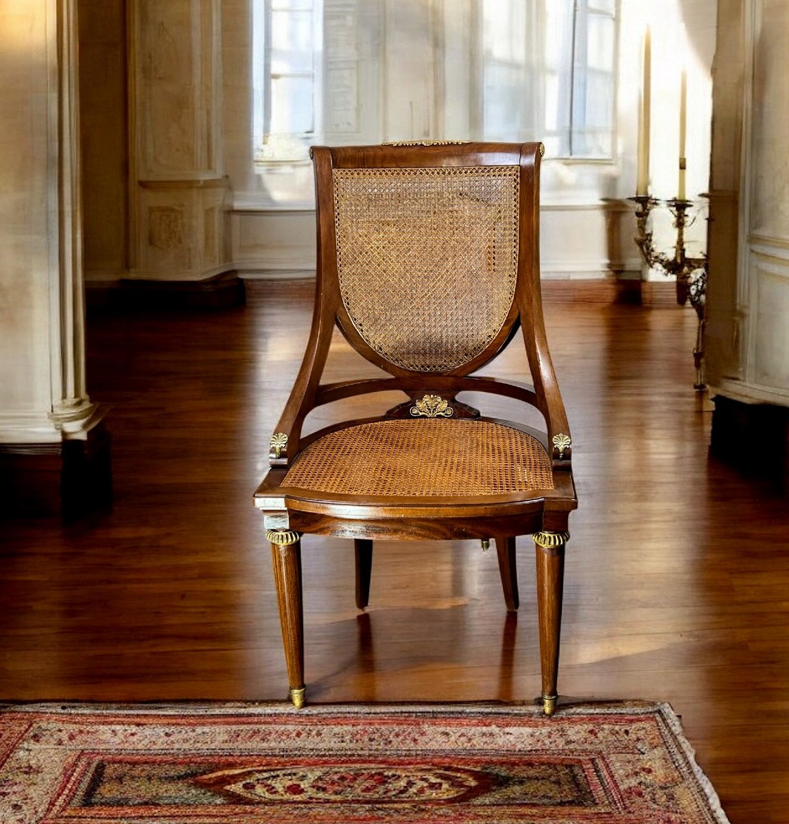 Chaise De Bureau Cannée Du XIXe De Style Empire En Acajou Orné De Bronze Doré-photo-2