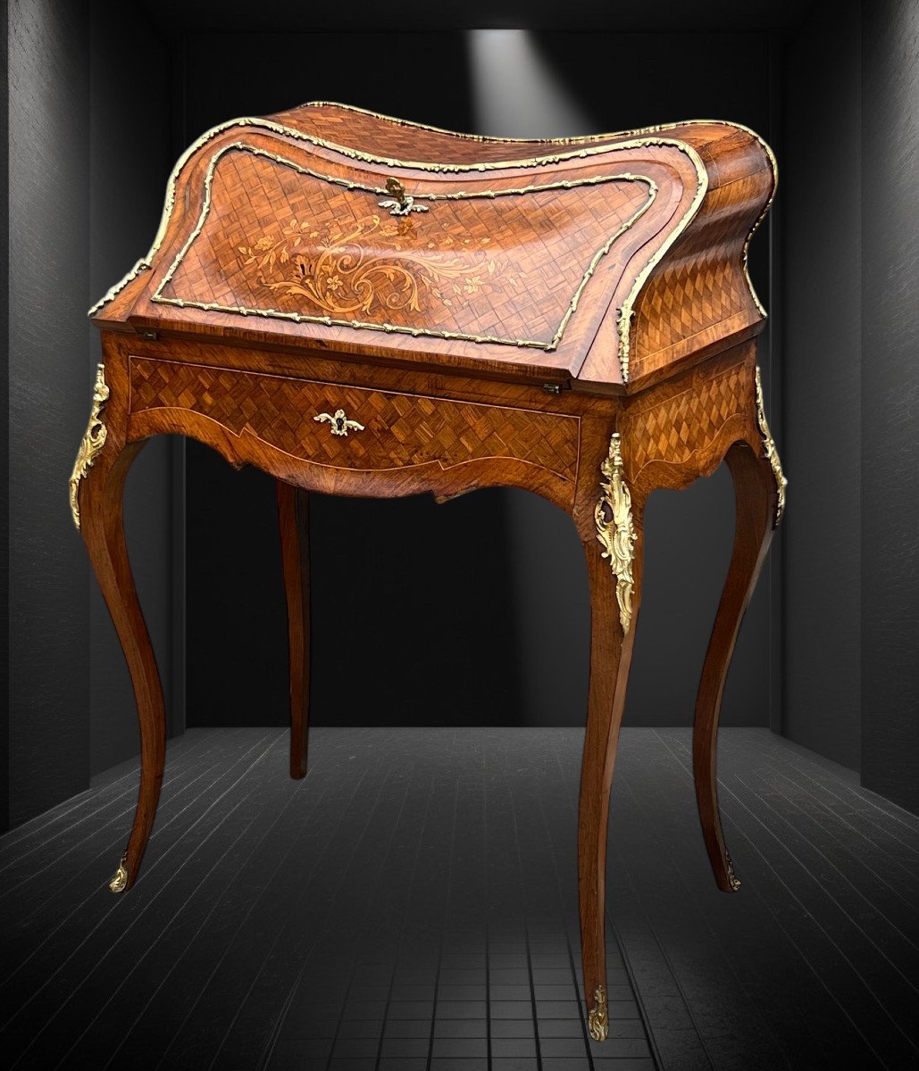 Bureau De Pente Violoné En Marqueterie De Bois De Placage De Style Louis XV-photo-2