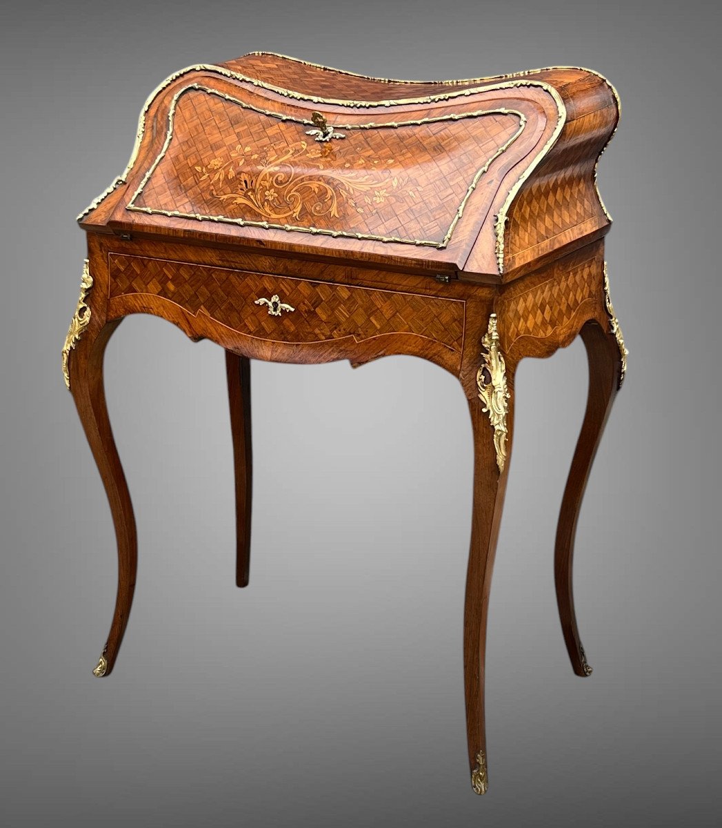 Bureau De Pente Violoné En Marqueterie De Bois De Placage De Style Louis XV-photo-2