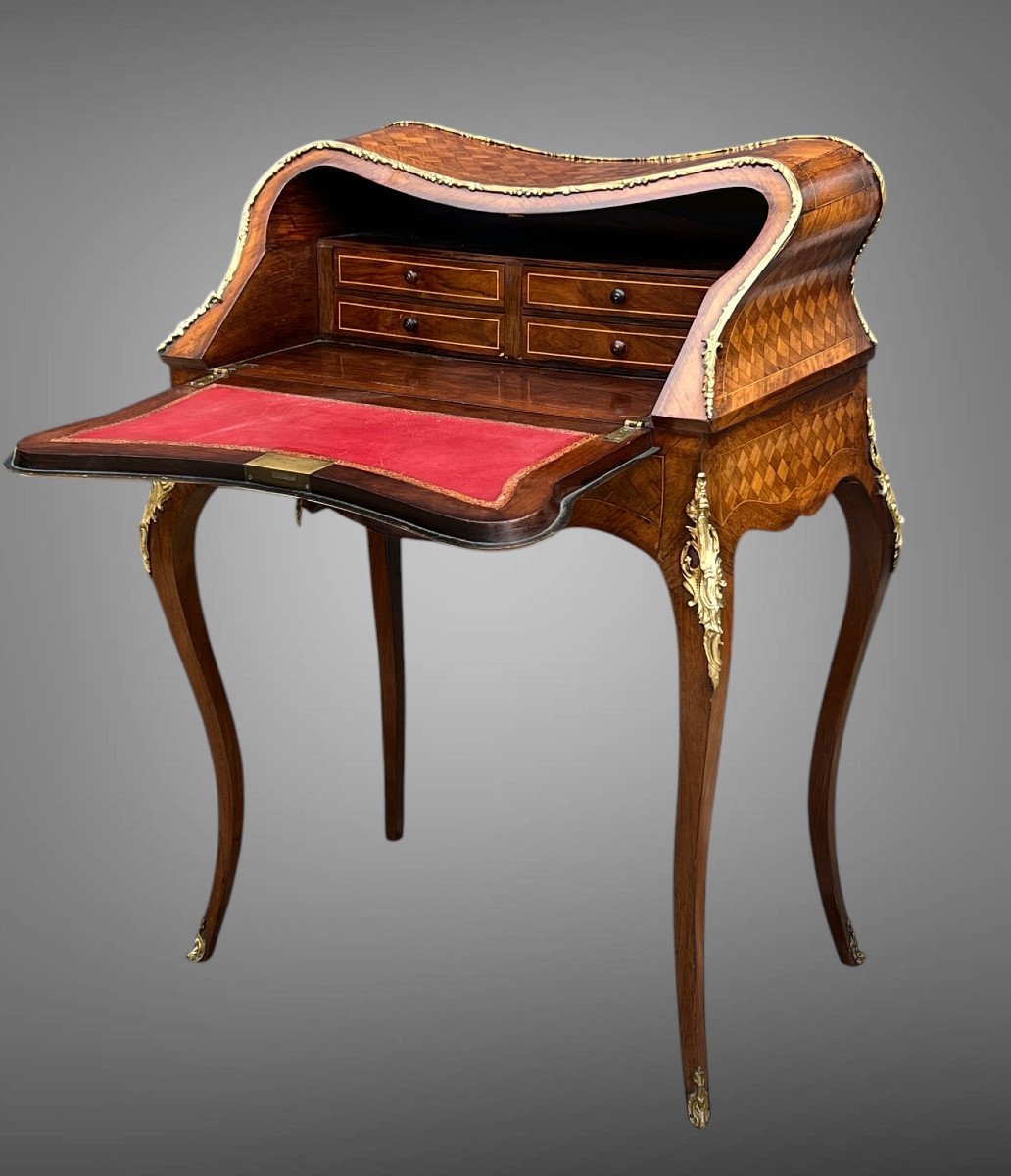 Bureau De Pente Violoné En Marqueterie De Bois De Placage De Style Louis XV-photo-3