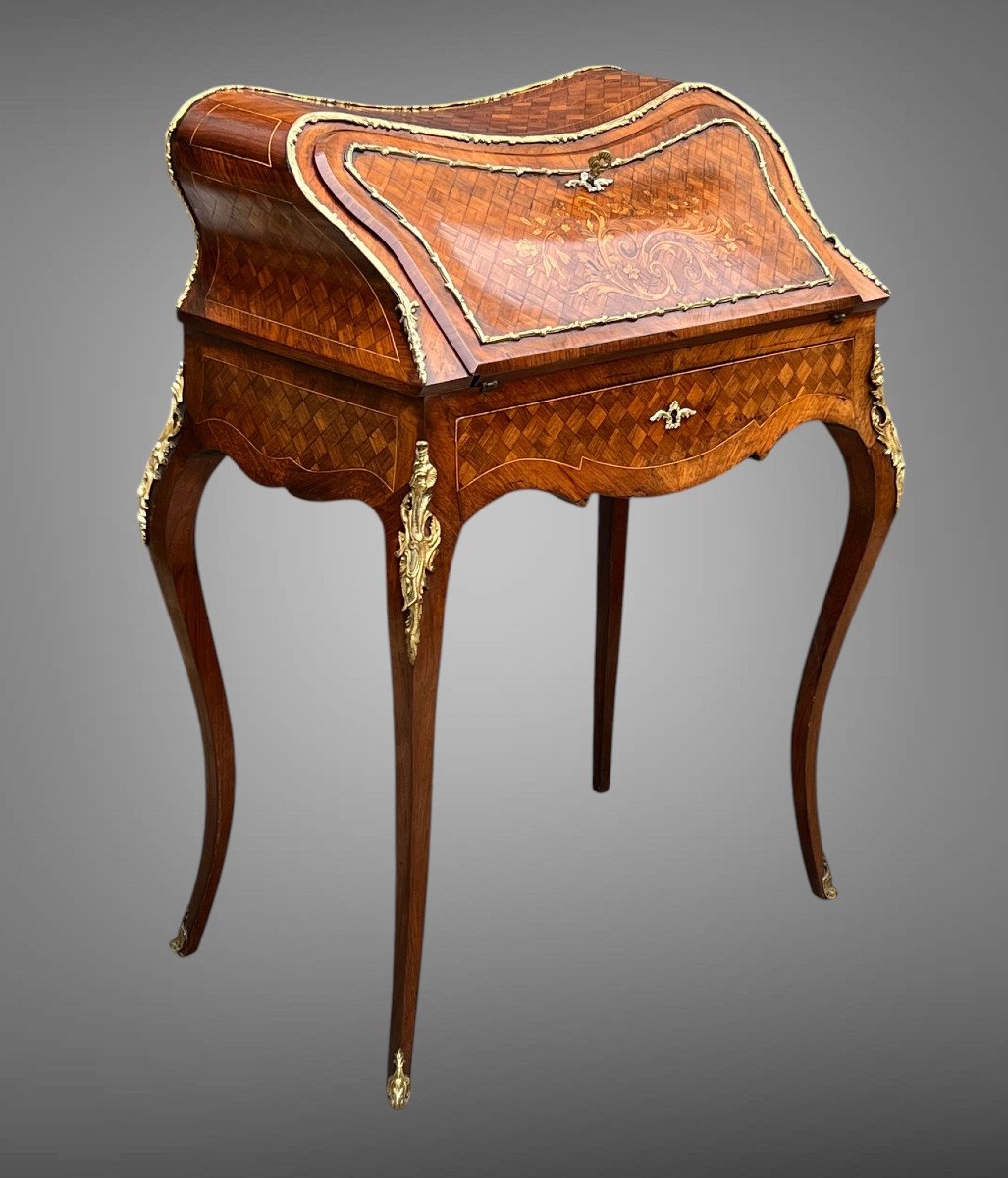 Bureau De Pente Violoné En Marqueterie De Bois De Placage De Style Louis XV-photo-4