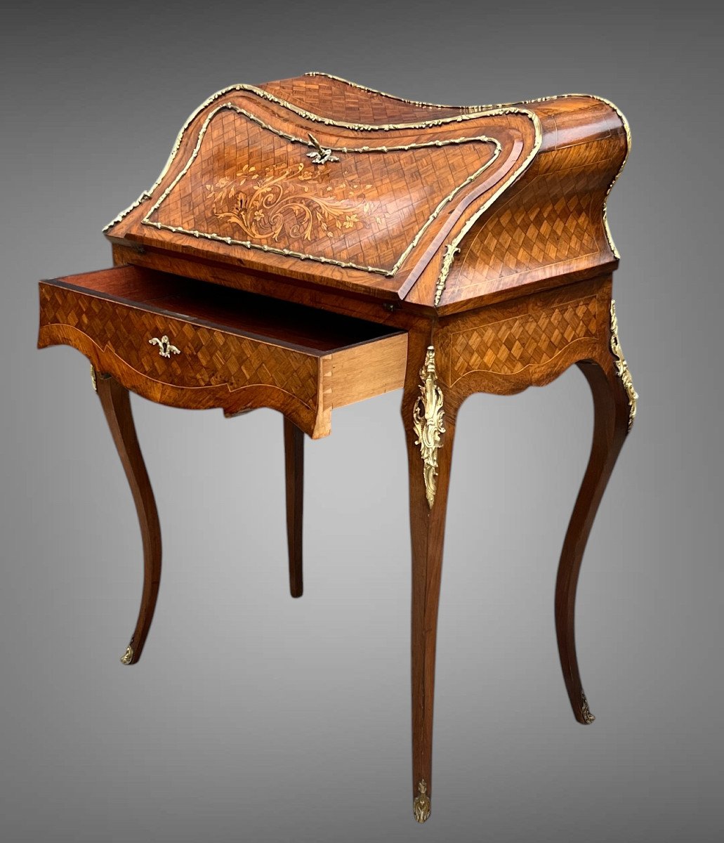 Bureau De Pente Violoné En Marqueterie De Bois De Placage De Style Louis XV-photo-6