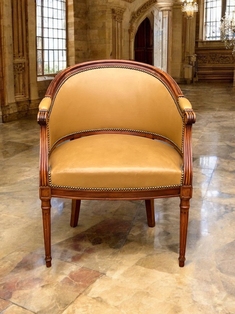 Fauteuil De Bureau De Style Louis XVI En Noyer Recouvert De Cuir Marron-photo-2