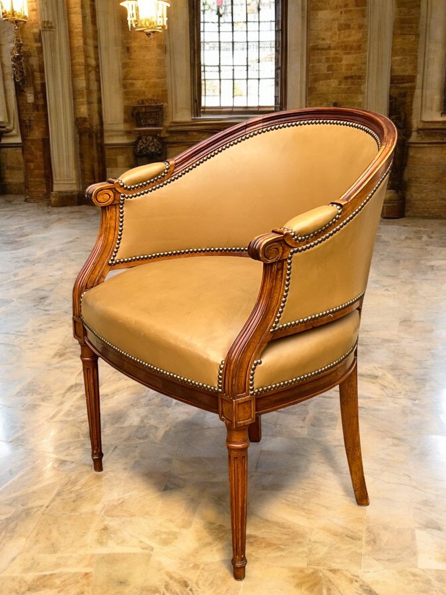 Fauteuil De Bureau De Style Louis XVI En Noyer Recouvert De Cuir Marron-photo-3