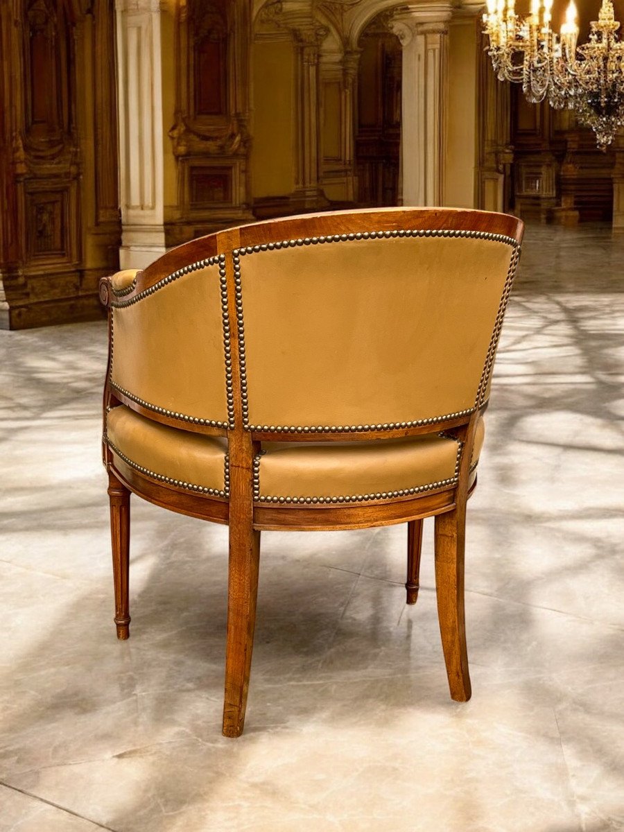 Fauteuil De Bureau De Style Louis XVI En Noyer Recouvert De Cuir Marron-photo-4