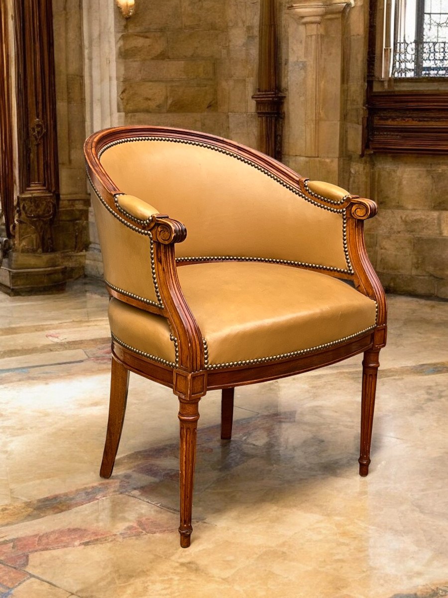 Fauteuil De Bureau De Style Louis XVI En Noyer Recouvert De Cuir Marron-photo-2