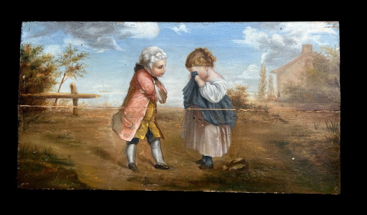 Huile Sur Panneau Bois Du XIXe Représentant Une Scène Romantique Style Louis XVI-photo-3