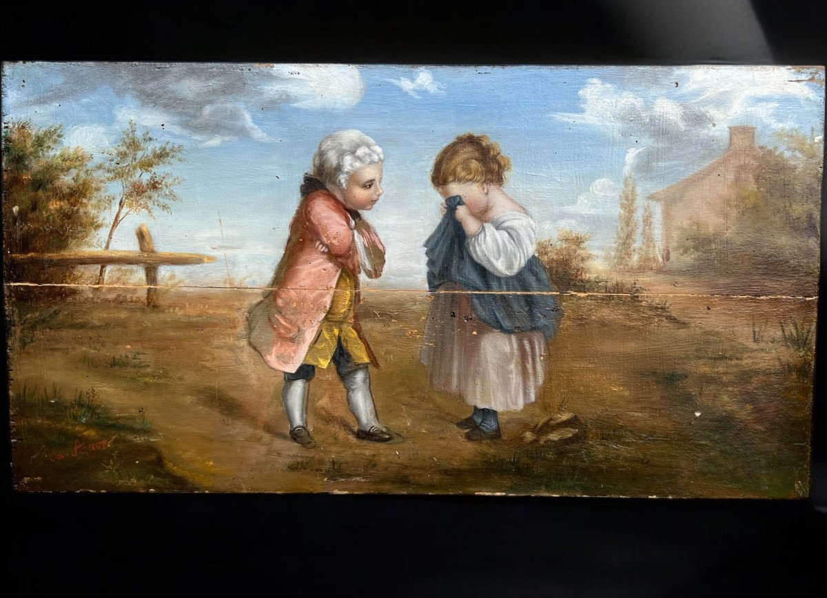 Huile Sur Panneau Bois Du XIXe Représentant Une Scène Romantique Style Louis XVI-photo-4