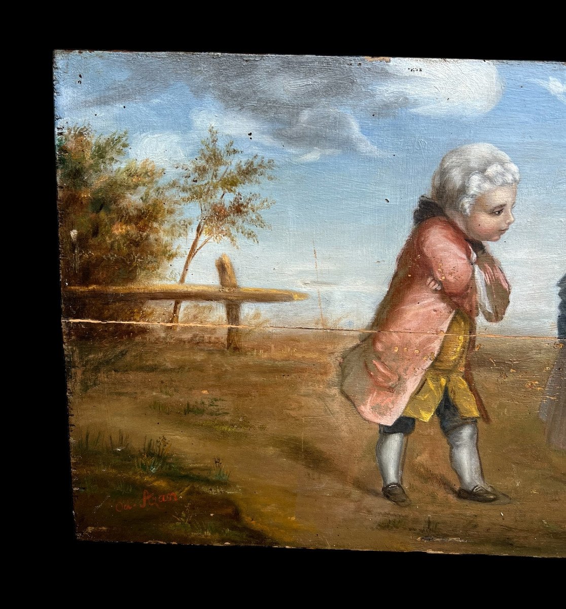 Huile Sur Panneau Bois Du XIXe Représentant Une Scène Romantique Style Louis XVI-photo-1