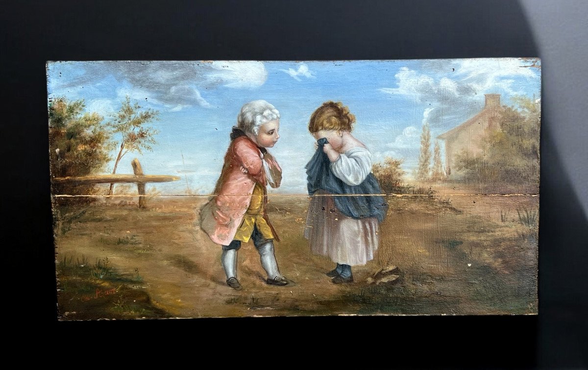 Huile Sur Panneau Bois Du XIXe Représentant Une Scène Romantique Style Louis XVI-photo-7