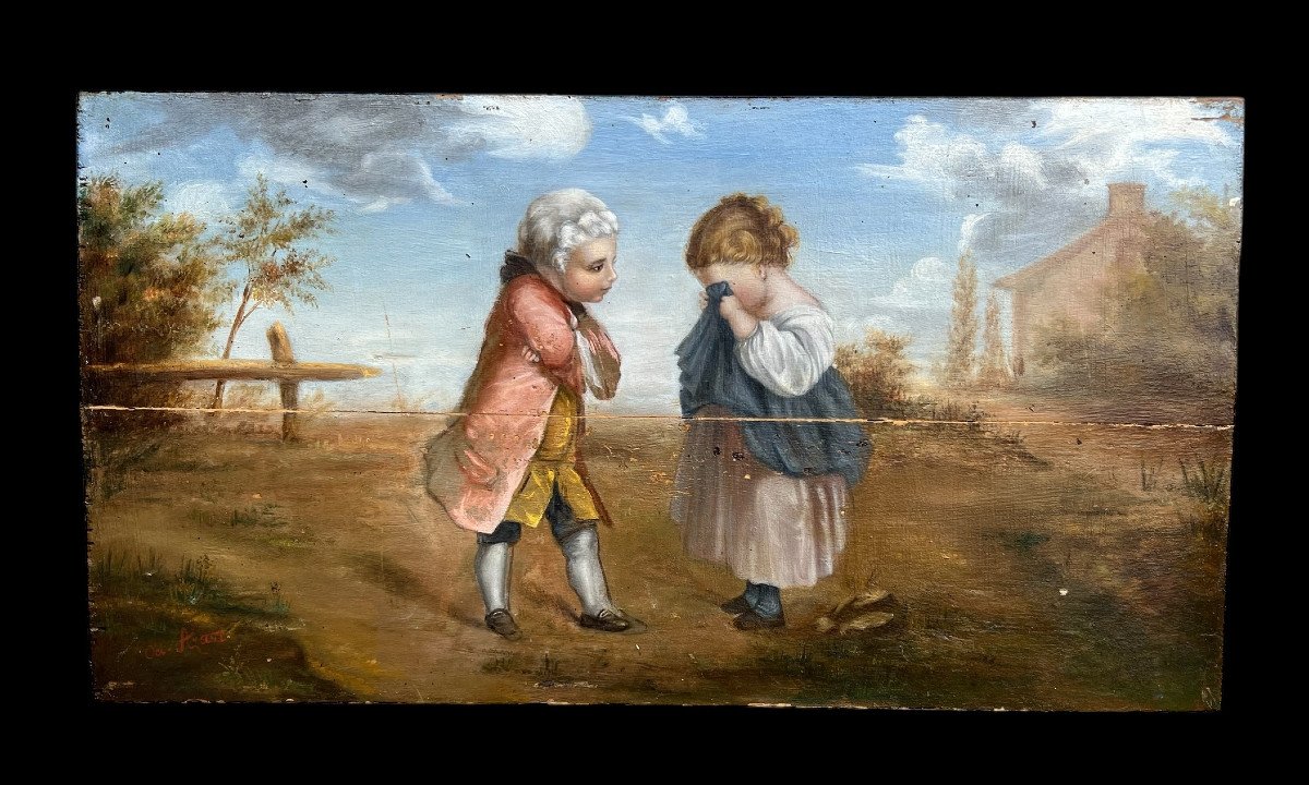 Huile Sur Panneau Bois Du XIXe Représentant Une Scène Romantique Style Louis XVI