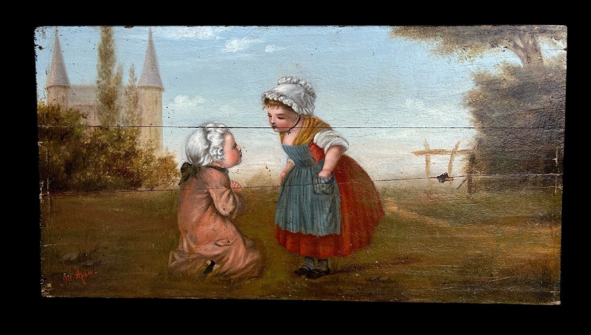 Painting / Oil On Wooden Panel From The 19th Century Representing A Romantic Scene-photo-3