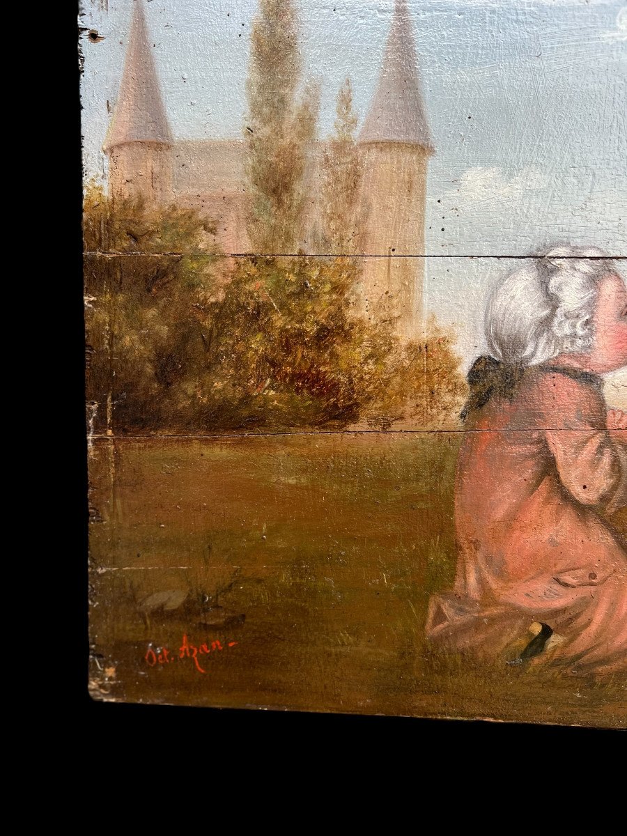 Painting / Oil On Wooden Panel From The 19th Century Representing A Romantic Scene-photo-4