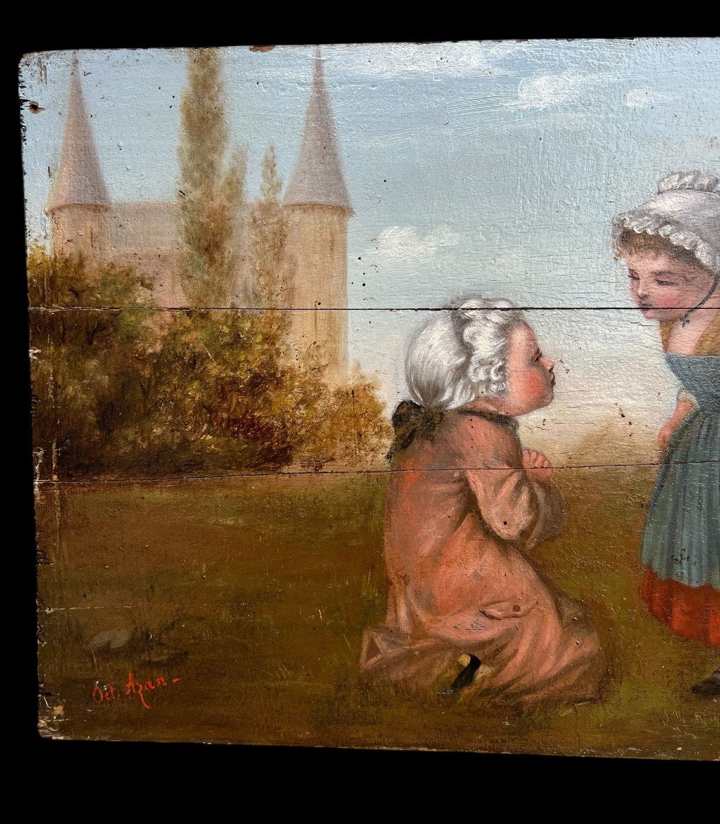 Painting / Oil On Wooden Panel From The 19th Century Representing A Romantic Scene-photo-1