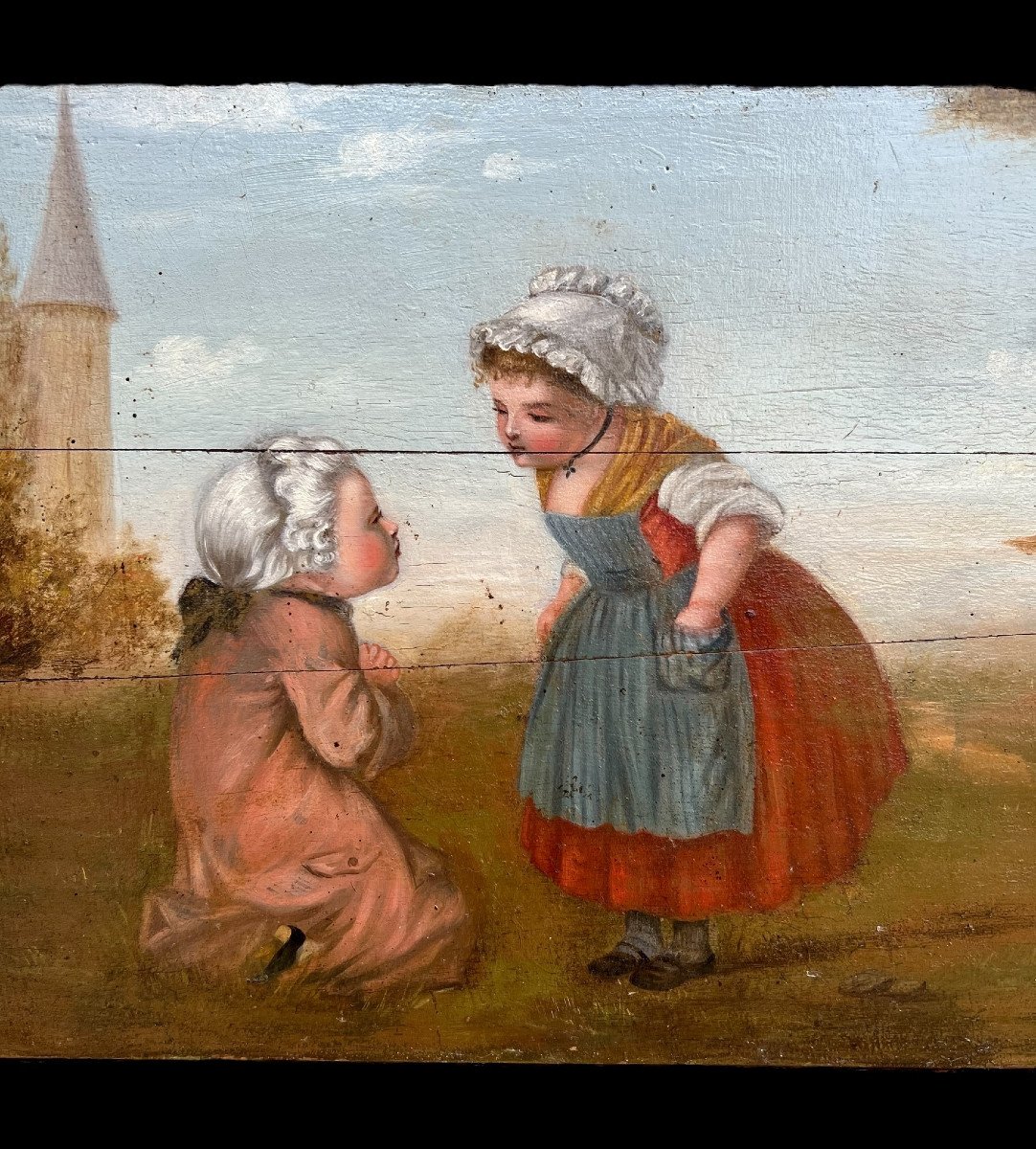 Painting / Oil On Wooden Panel From The 19th Century Representing A Romantic Scene-photo-2