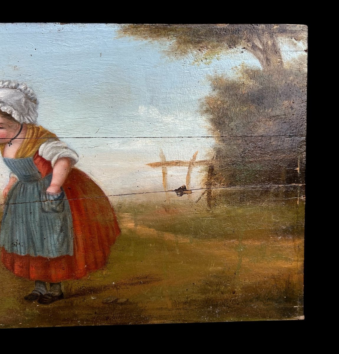 Painting / Oil On Wooden Panel From The 19th Century Representing A Romantic Scene-photo-3