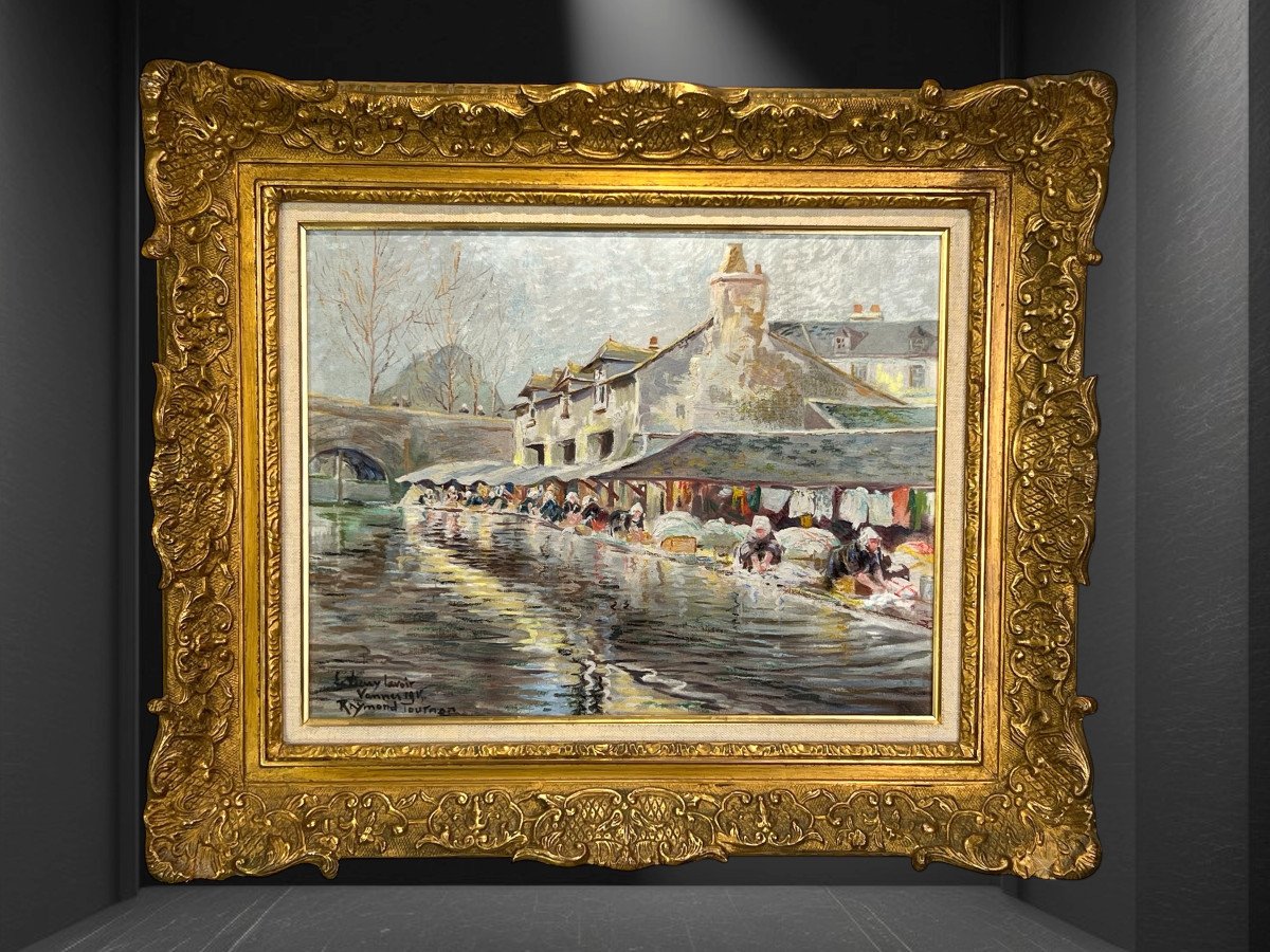 Tableau Breton /huile Sur Toile " Representant Des Bretonnes Au Lavoir " Encadré