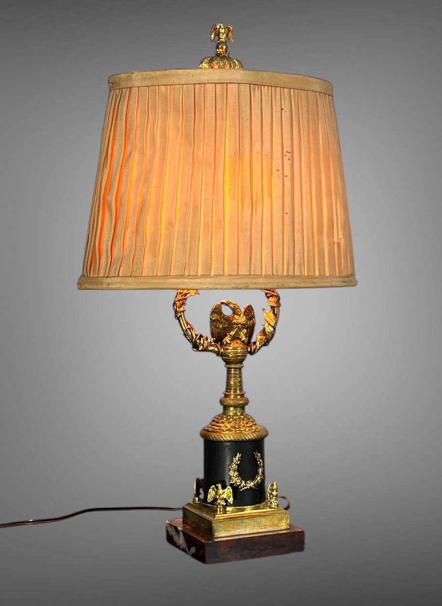 Lampe Ancienne Du XIXe De Style Empire En Bronze Doré Et Socle Marbre