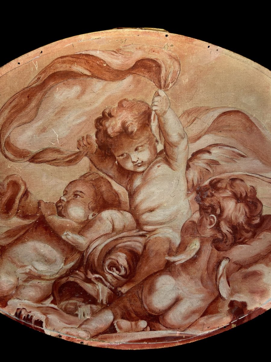 Oil On Canvas Oval Woodwork Decor Of Cherubs Playing With A Scarf-photo-3