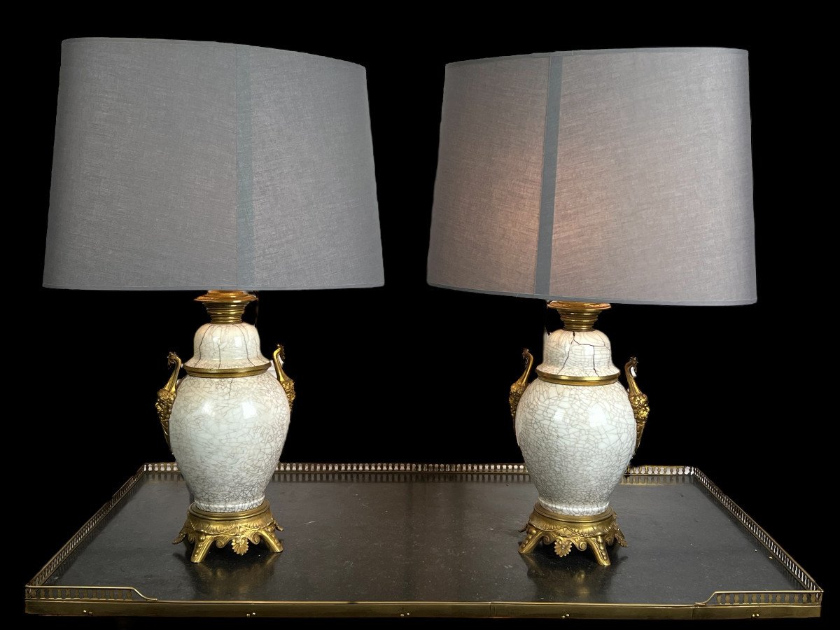 Pair Of 19th Century Lamps In Chinese Cracked Porcelain Decorated With Gilt Bronze-photo-6