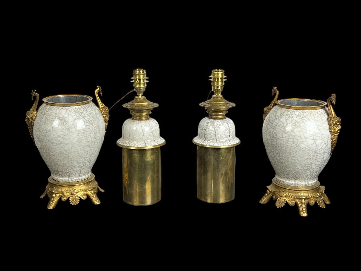 Pair Of 19th Century Lamps In Chinese Cracked Porcelain Decorated With Gilt Bronze-photo-7