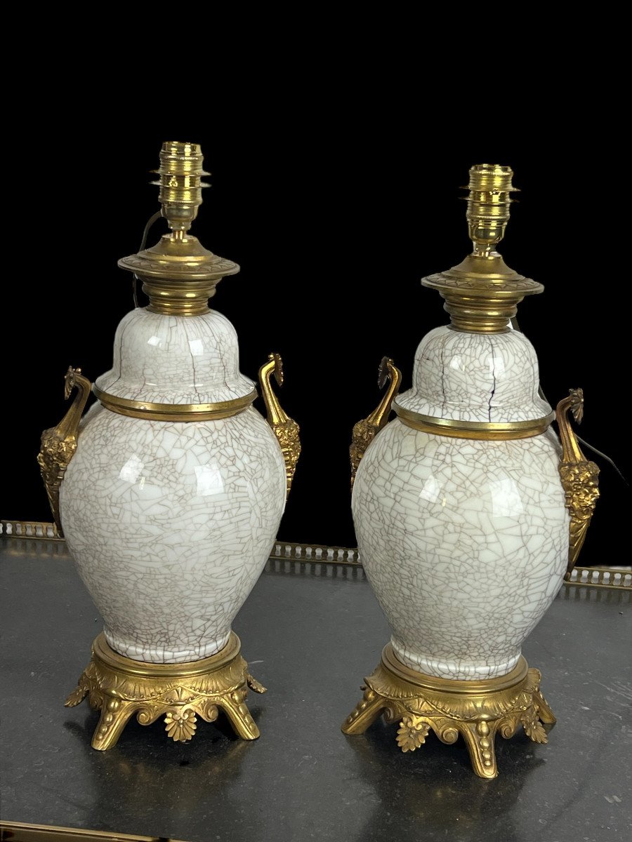 Pair Of 19th Century Lamps In Chinese Cracked Porcelain Decorated With Gilt Bronze-photo-8