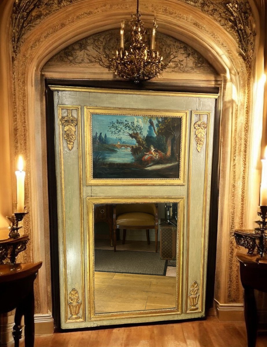 18th Century Trumeau In Lacquered Wood, Louis XVI Period, With Its Original Painting-photo-2