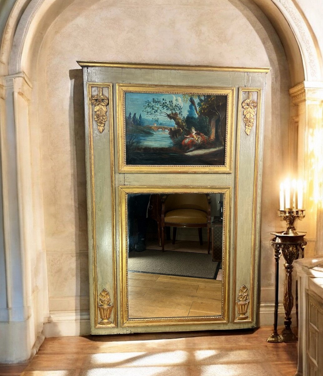 18th Century Trumeau In Lacquered Wood, Louis XVI Period, With Its Original Painting-photo-3