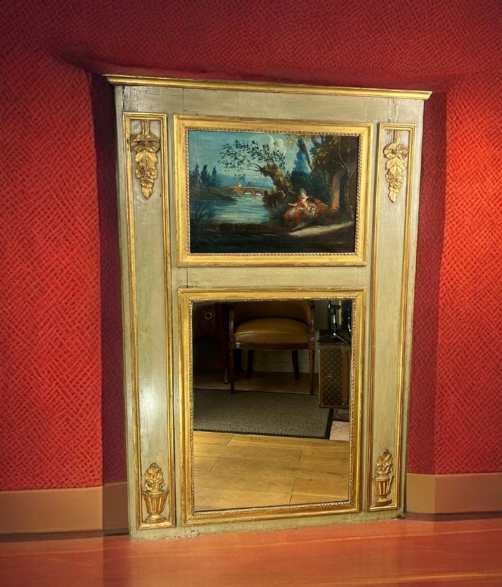 Trumeau XVIIIe En Bois Laqué Epoque Louis XVI Avec Sa Peinture D Origine-photo-4