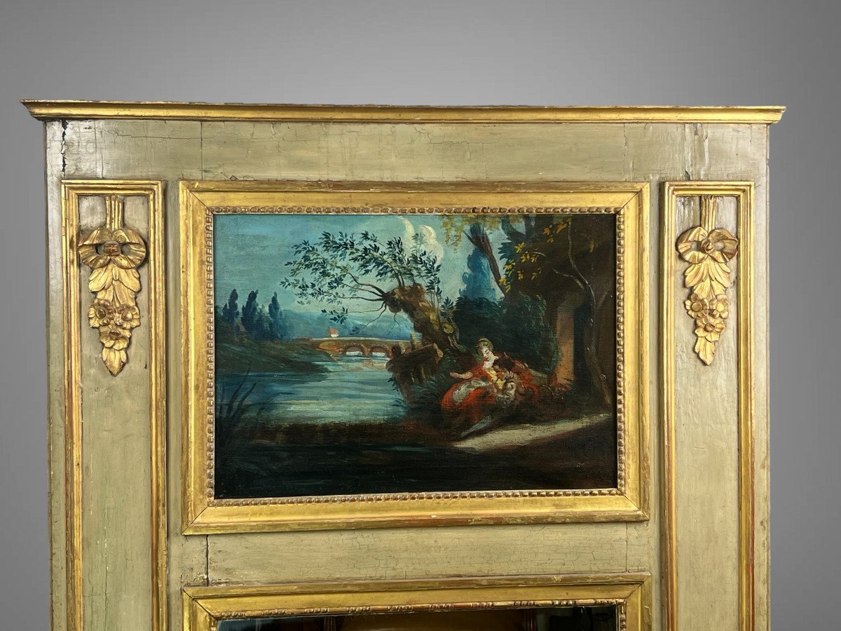 Trumeau XVIIIe En Bois Laqué Epoque Louis XVI Avec Sa Peinture D Origine-photo-2