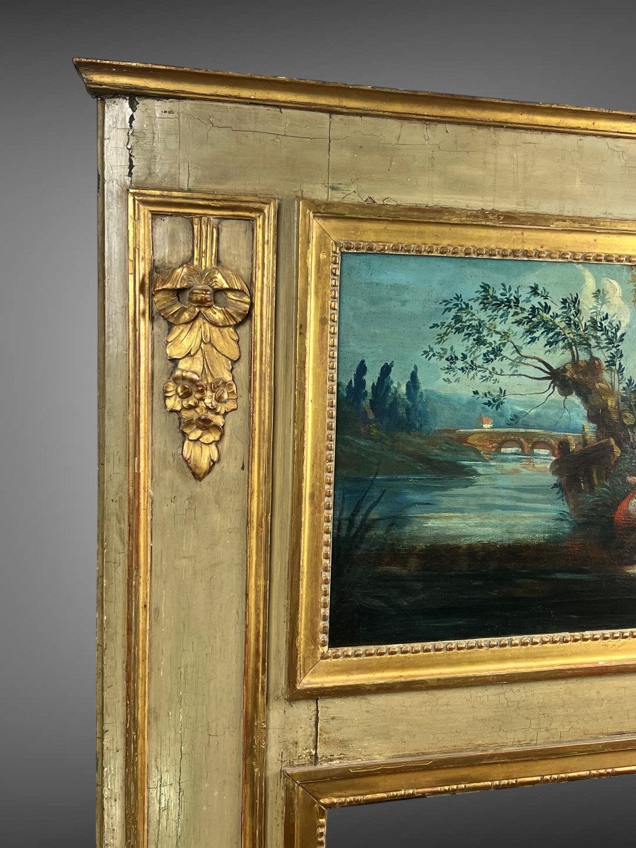 Trumeau XVIIIe En Bois Laqué Epoque Louis XVI Avec Sa Peinture D Origine-photo-4