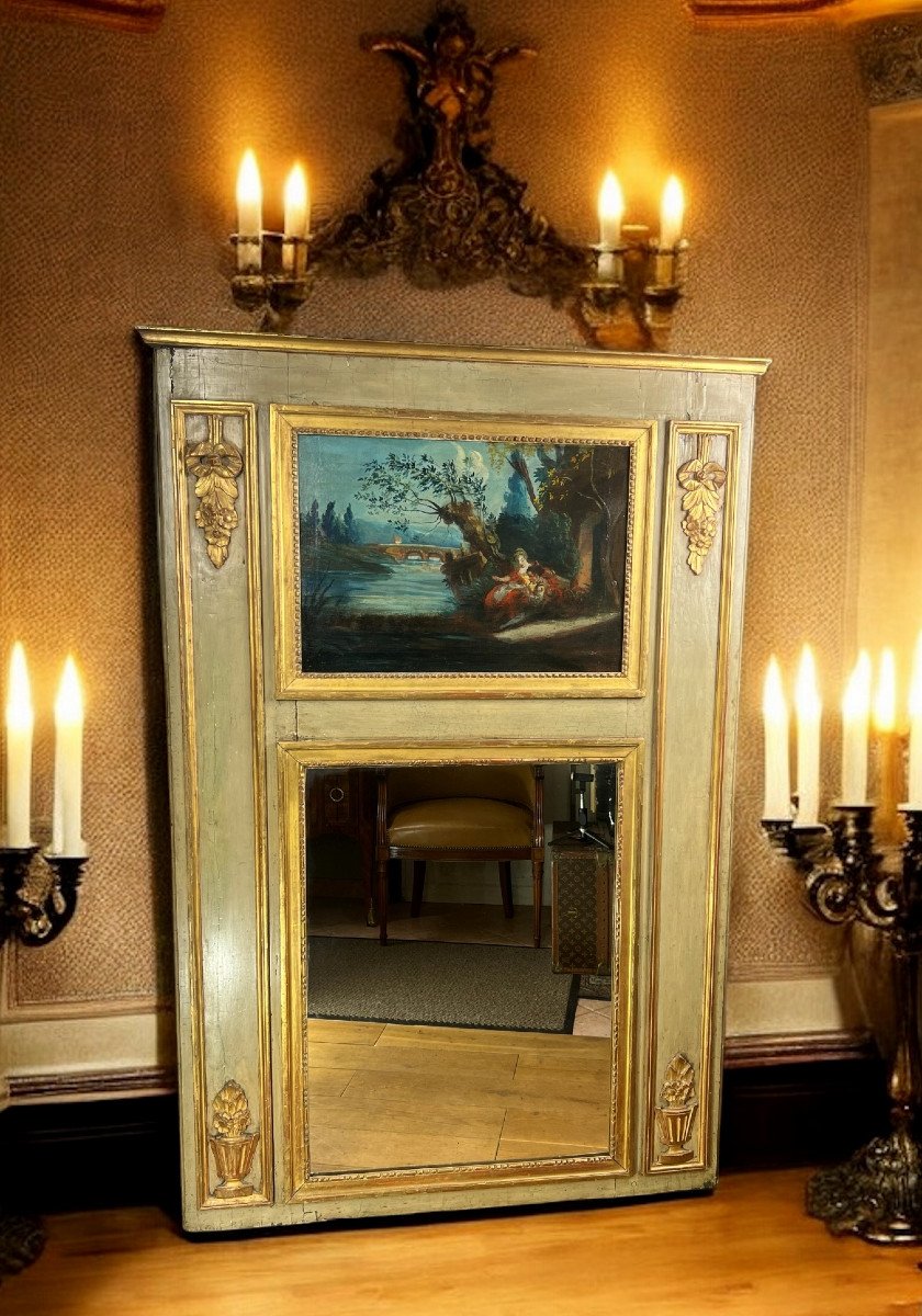 18th Century Trumeau In Lacquered Wood, Louis XVI Period, With Its Original Painting-photo-5