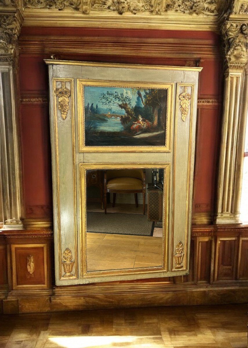 18th Century Trumeau In Lacquered Wood, Louis XVI Period, With Its Original Painting-photo-7