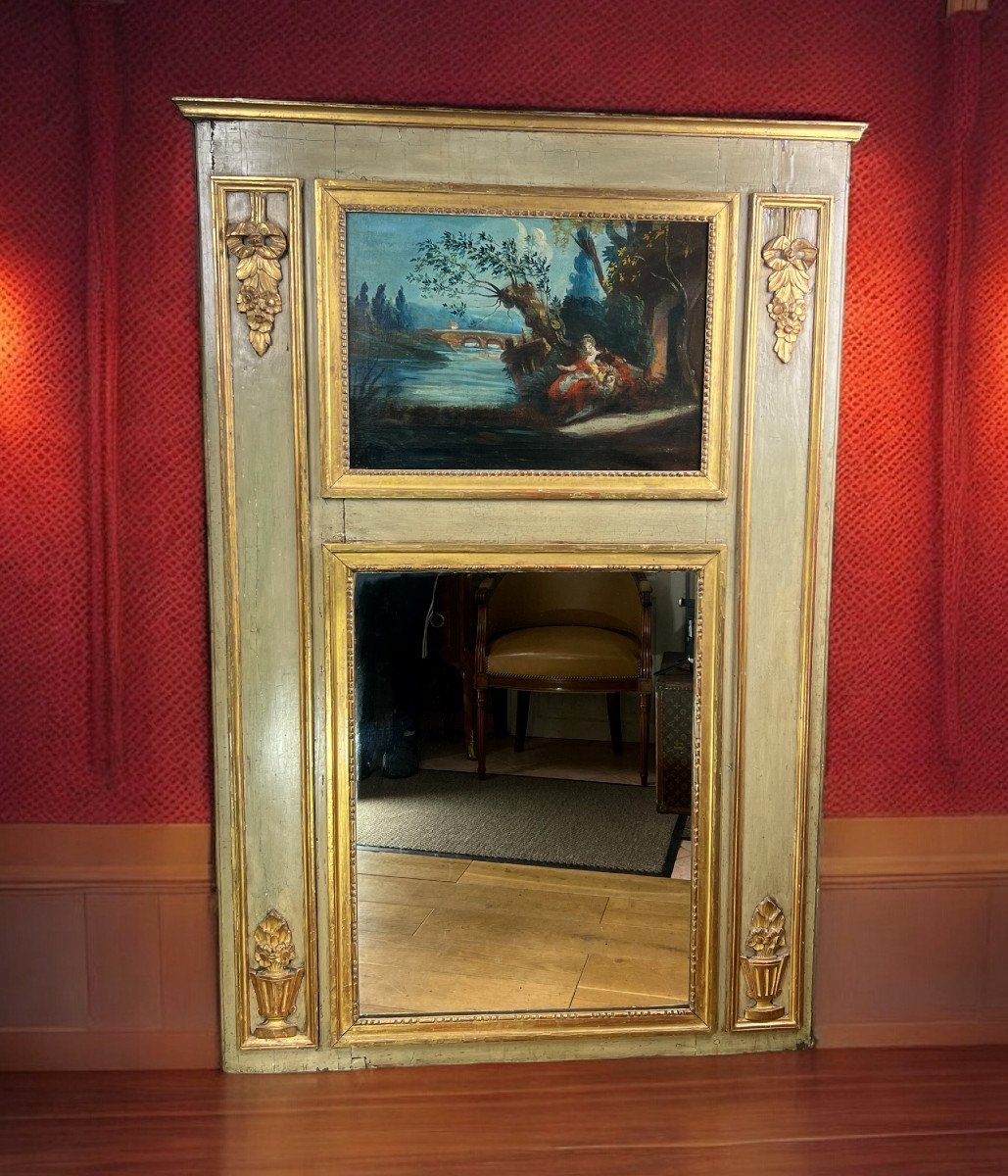 18th Century Trumeau In Lacquered Wood, Louis XVI Period, With Its Original Painting