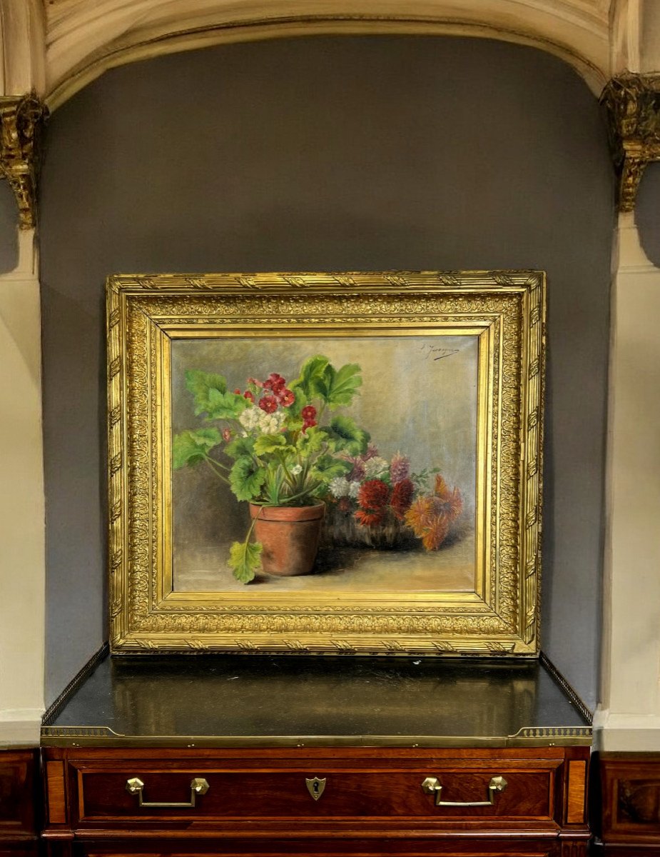 Oil On Canvas Signed "louise Jassogne" Still Life Primroses And Dahlias-photo-2