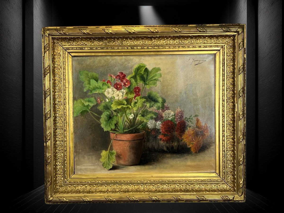 Oil On Canvas Signed "louise Jassogne" Still Life Primroses And Dahlias-photo-3