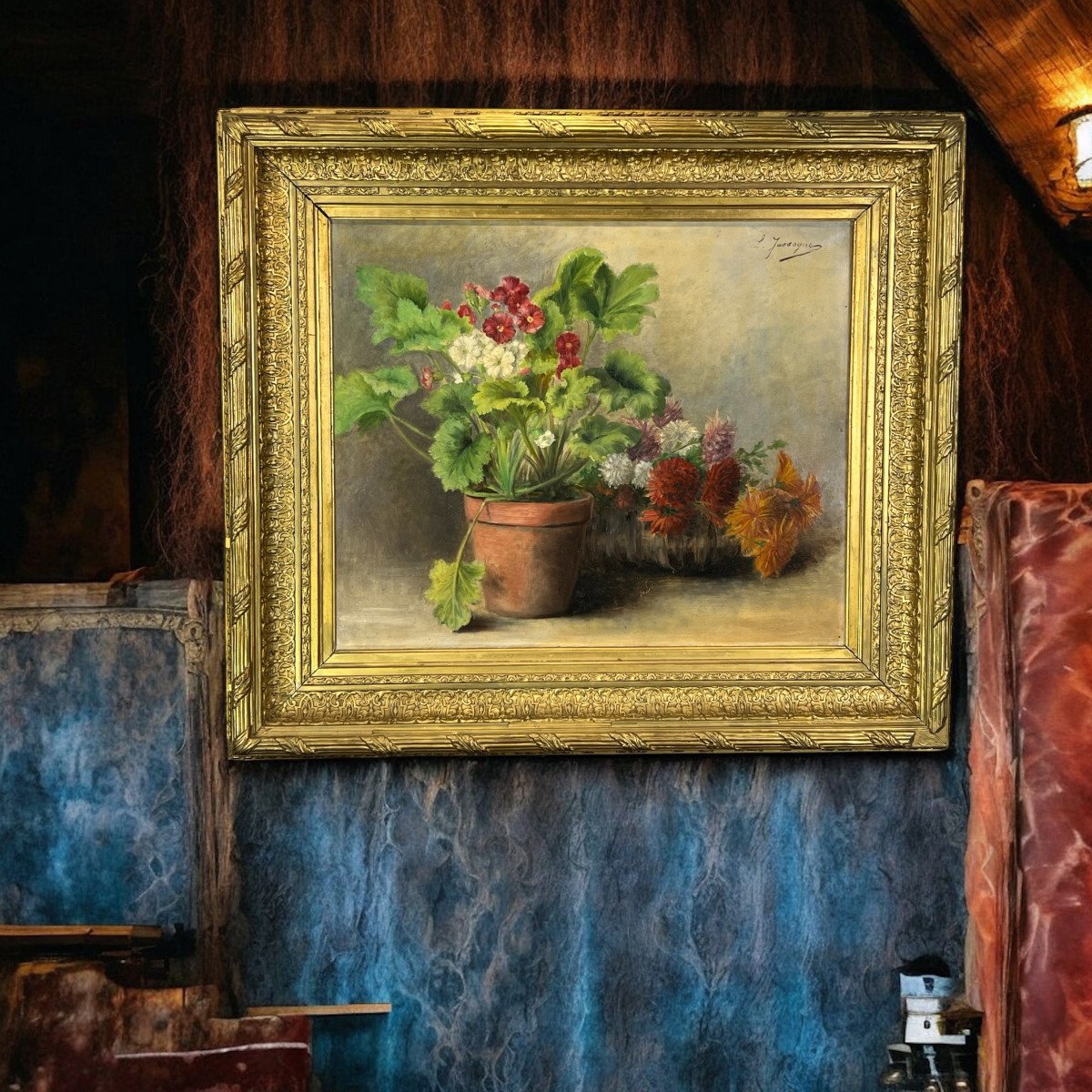 Huile Sur Toile Signée " Louise Jassogne " Nature Morte Primevères Et Dahlias-photo-4